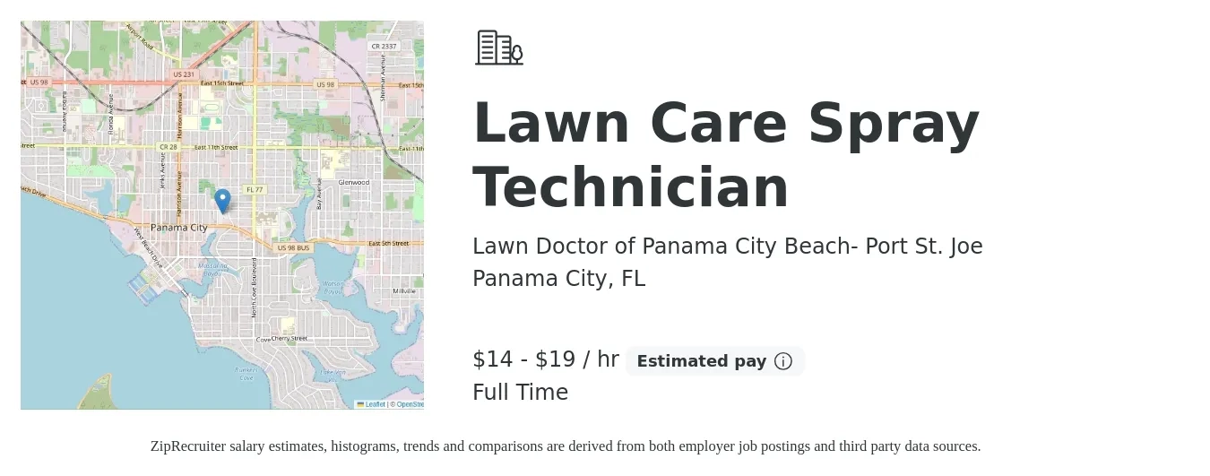 Lawn Doctor of Panama City Beach- Port St. Joe job posting for a Lawn Care Spray Technician in Panama City, FL with a salary of $15 to $20 Hourly with a map of Panama City location.