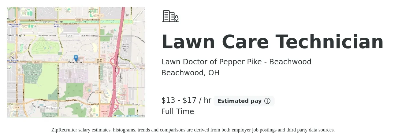 Lawn Doctor of Pepper Pike - Beachwood job posting for a Lawn Care Technician in Beachwood, OH with a salary of $14 to $18 Hourly with a map of Beachwood location.
