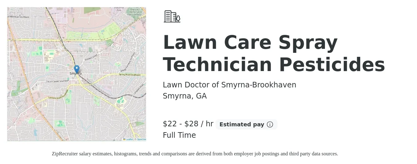 Lawn Doctor of Smyrna-Brookhaven job posting for a Lawn Care Spray Technician Pesticides in Smyrna, GA with a salary of $23 to $30 Hourly with a map of Smyrna location.