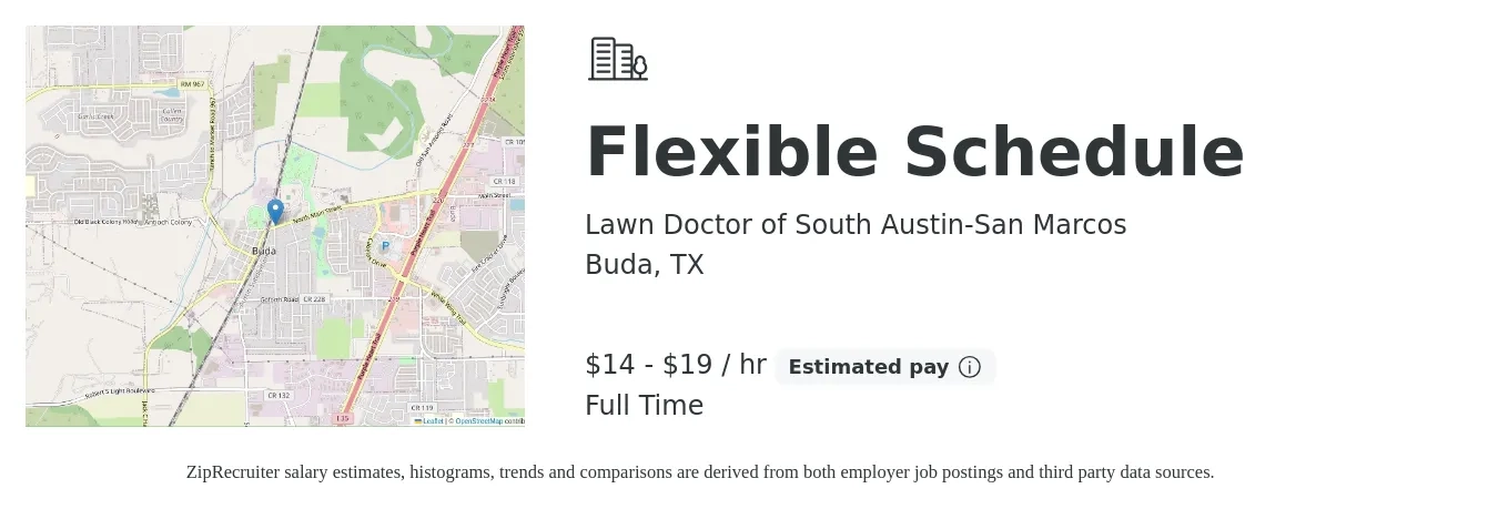 Lawn Doctor of South Austin-San Marcos job posting for a Flexible Schedule in Buda, TX with a salary of $15 to $20 Hourly with a map of Buda location.