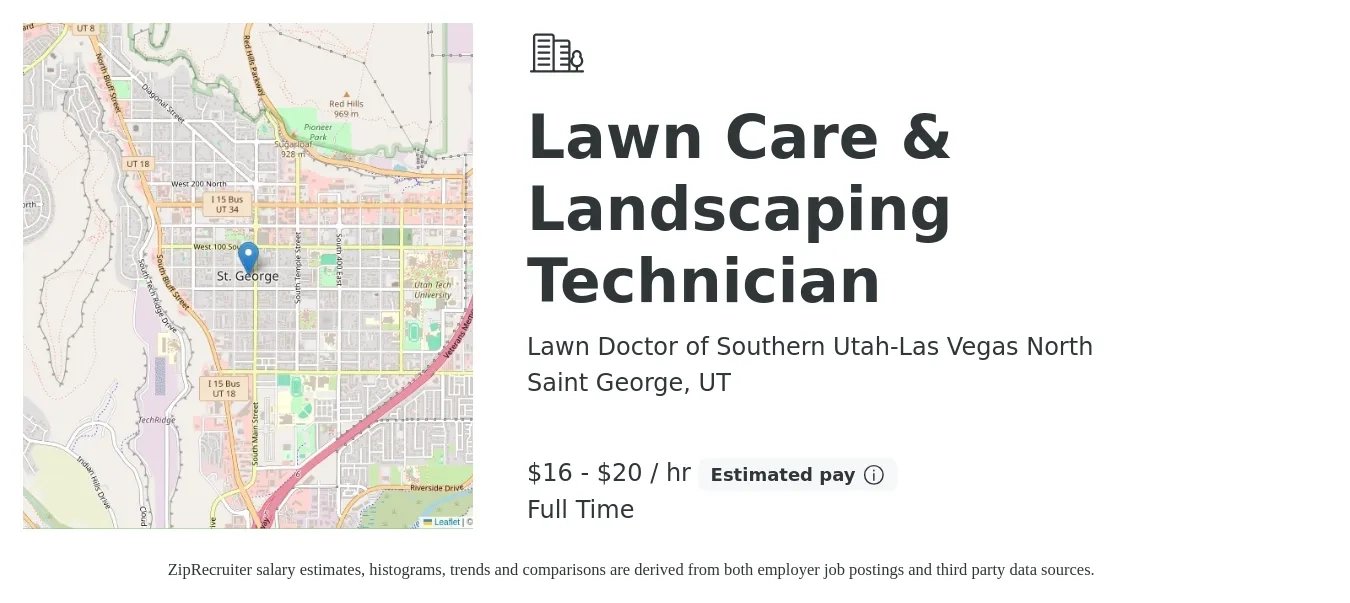 Lawn Doctor of Southern Utah-Las Vegas North job posting for a Lawn Care & Landscaping Technician in Saint George, UT with a salary of $17 to $21 Hourly with a map of Saint George location.