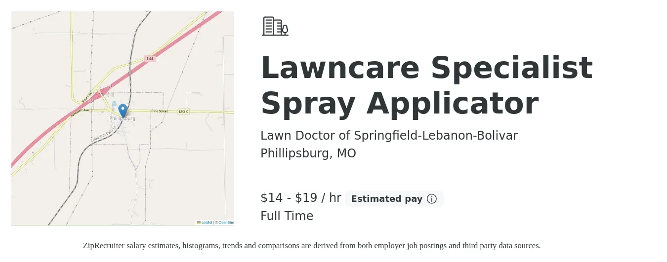 Lawn Doctor of Springfield-Lebanon-Bolivar job posting for a Lawncare Specialist Spray Applicator in Phillipsburg, MO with a salary of $15 to $20 Hourly with a map of Phillipsburg location.