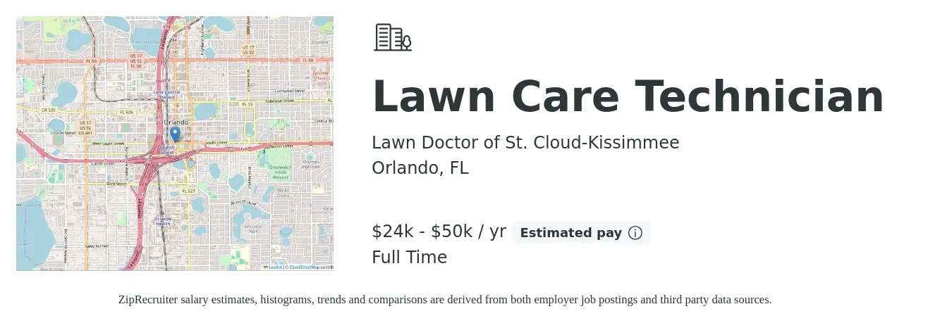 Lawn Doctor of St. Cloud-Kissimmee job posting for a Lawn Care Technician in Orlando, FL with a salary of $24,000 to $50,000 Yearly with a map of Orlando location.