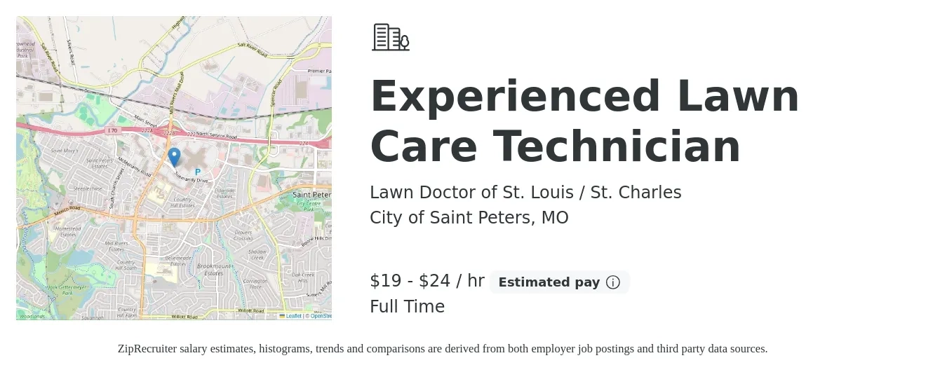 Lawn Doctor of St. Louis / St. Charles job posting for a Experienced Lawn Care Technician in City of Saint Peters, MO with a salary of $20 to $25 Hourly with a map of City of Saint Peters location.