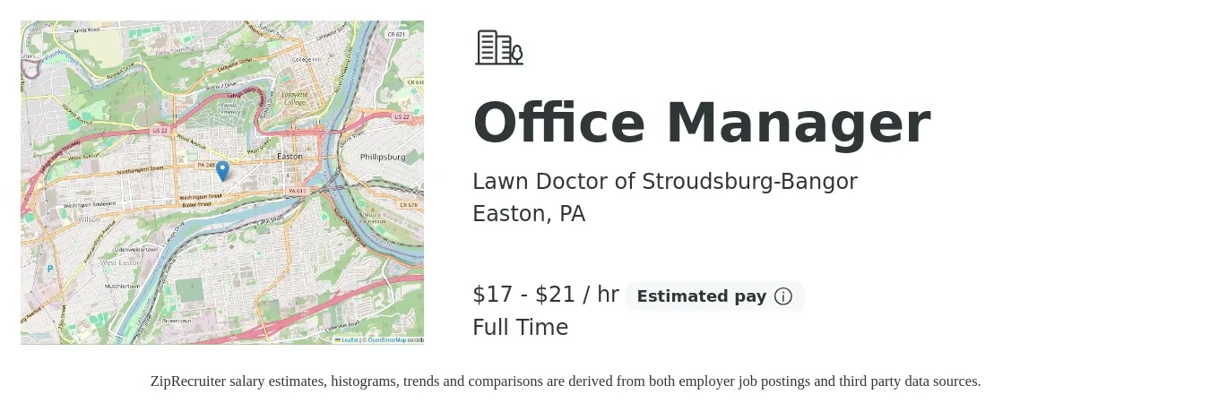 Lawn Doctor of Stroudsburg-Bangor job posting for a Office Manager in Easton, PA with a salary of $18 to $22 Hourly with a map of Easton location.
