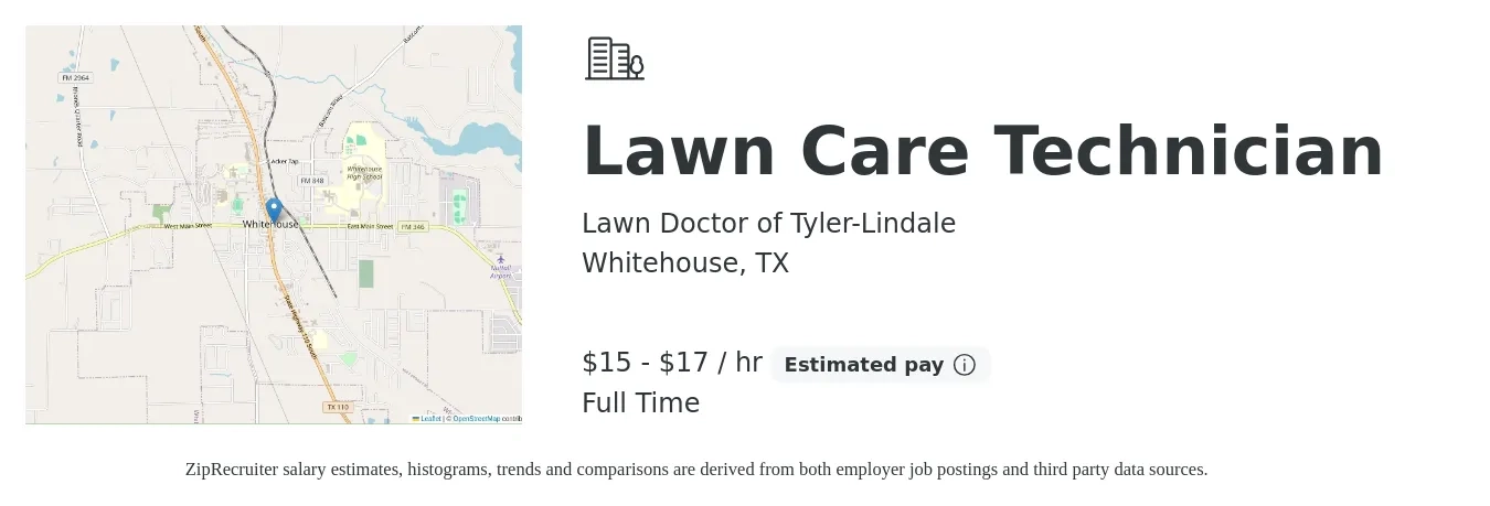Lawn Doctor of Tyler-Lindale job posting for a Lawn Care Technician in Whitehouse, TX with a salary of $16 to $18 Hourly with a map of Whitehouse location.