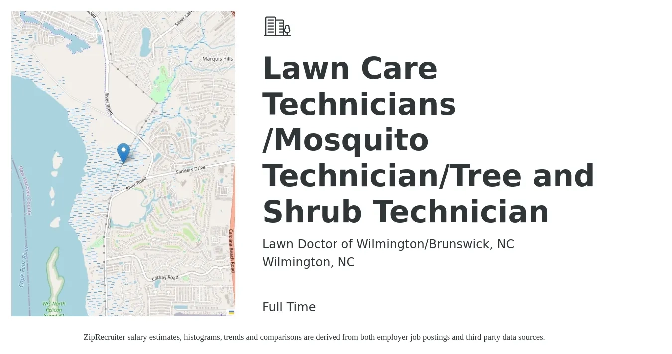 Lawn Doctor of Wilmington/Brunswick, NC job posting for a Lawn Care Technicians /Mosquito Technician/Tree and Shrub Technician in Wilmington, NC with a salary of $16 to $20 Hourly with a map of Wilmington location.