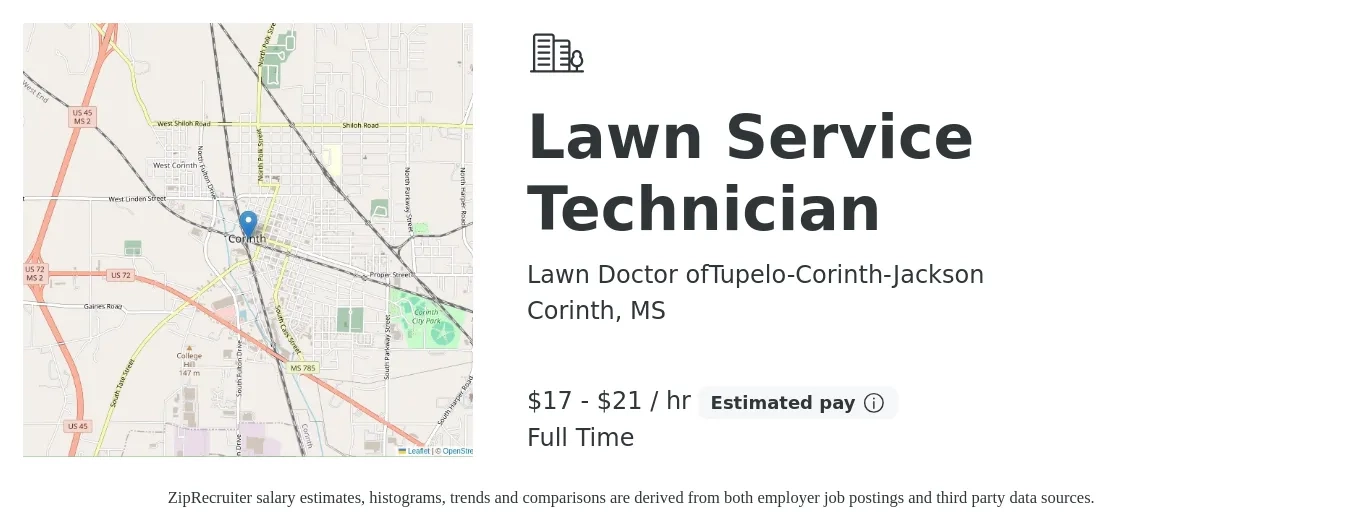 Lawn Doctor ofTupelo-Corinth-Jackson job posting for a Lawn Service Technician in Corinth, MS with a salary of $18 to $22 Hourly with a map of Corinth location.