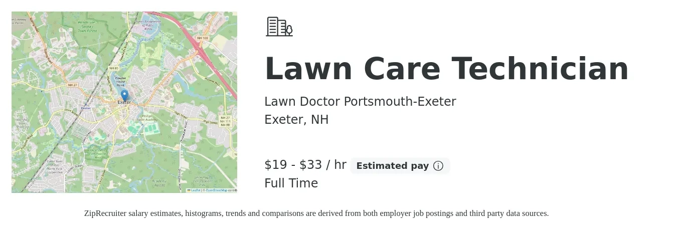 Lawn Doctor Portsmouth-Exeter job posting for a Lawn Care Technician in Exeter, NH with a salary of $20 to $35 Hourly with a map of Exeter location.