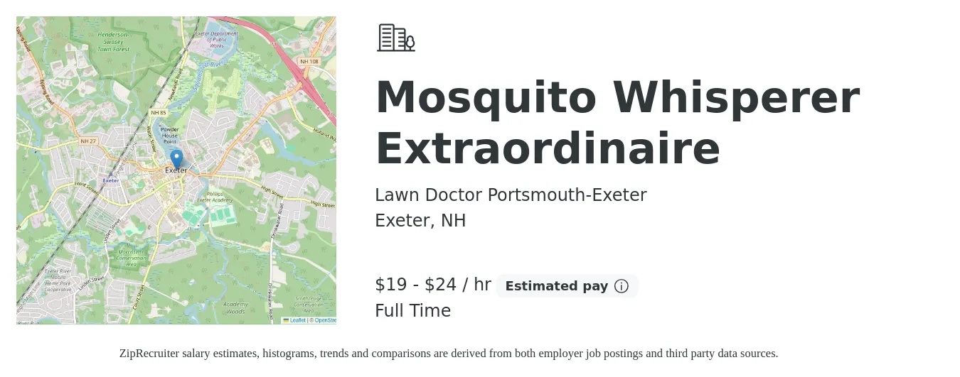 Lawn Doctor Portsmouth-Exeter job posting for a Mosquito Whisperer Extraordinaire in Exeter, NH with a salary of $20 to $25 Hourly with a map of Exeter location.