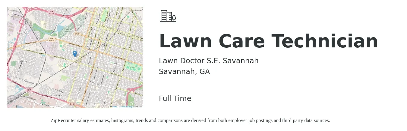 Lawn Doctor S.E. Savannah job posting for a Lawn Care Technician in Savannah, GA with a salary of $750 to $1,250 Weekly with a map of Savannah location.