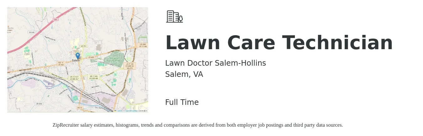 Lawn Doctor Salem-Hollins job posting for a Lawn Care Technician in Salem, VA with a salary of $17 to $21 Hourly with a map of Salem location.