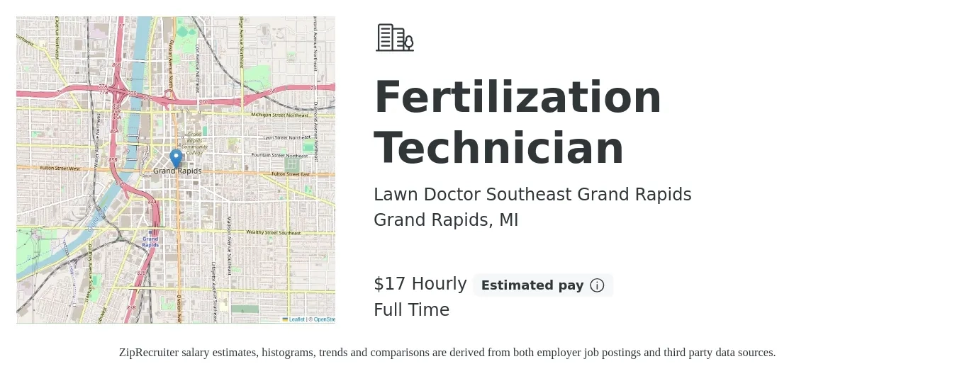 Lawn Doctor Southeast Grand Rapids job posting for a Fertilization Technician in Grand Rapids, MI with a salary of $18 Hourly with a map of Grand Rapids location.
