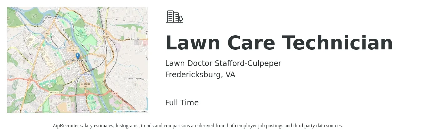 Lawn Doctor Stafford-Culpeper job posting for a Lawn Care Technician in Fredericksburg, VA with a salary of $800 to $1,100 Weekly with a map of Fredericksburg location.