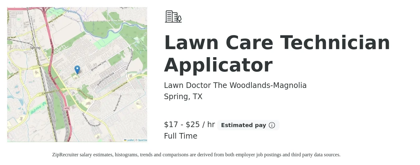 Lawn Doctor The Woodlands-Magnolia job posting for a Lawn Care Technician Applicator in Spring, TX with a salary of $18 to $26 Hourly with a map of Spring location.