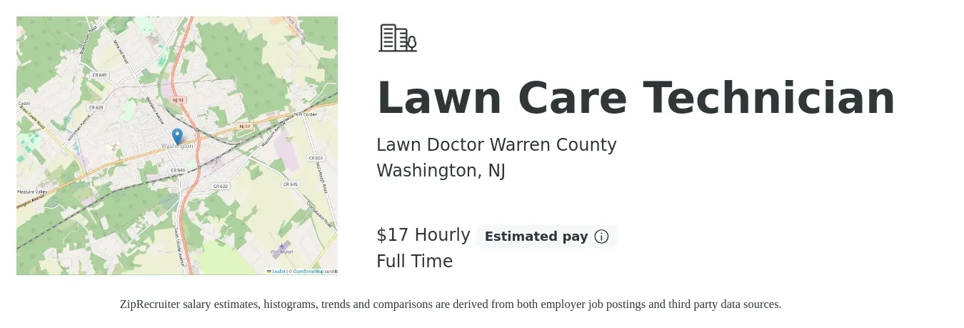 Lawn Doctor Warren County job posting for a Lawn Care Technician in Washington, NJ with a salary of $18 Hourly with a map of Washington location.