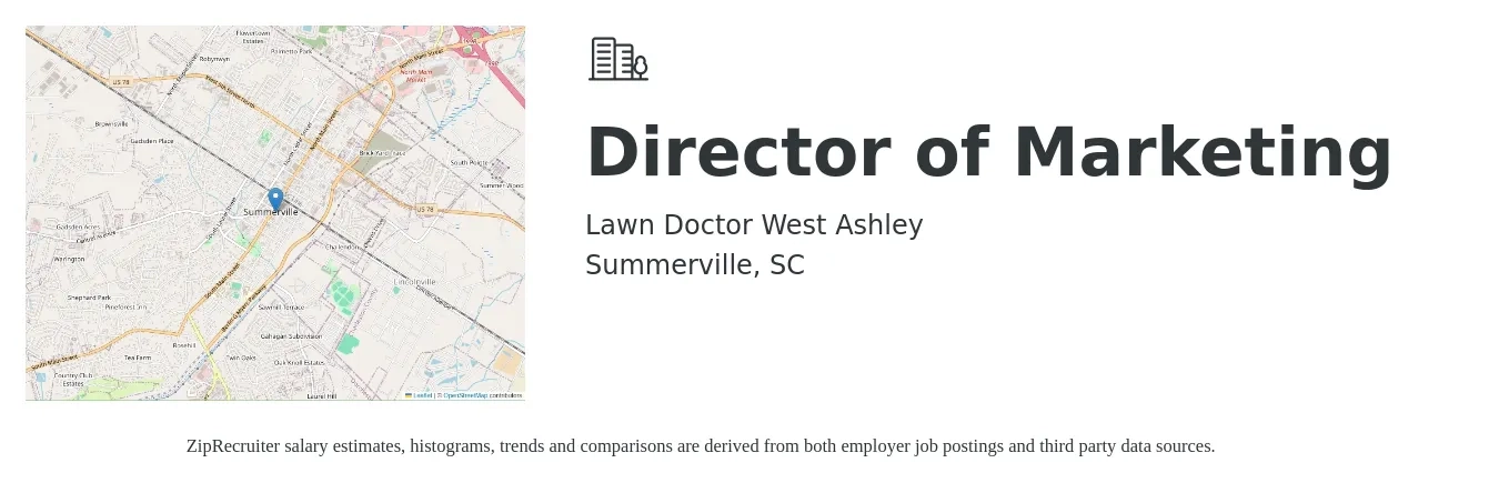 Lawn Doctor West Ashley job posting for a Director of Marketing in Summerville, SC with a salary of $64,100 to $118,000 Yearly with a map of Summerville location.