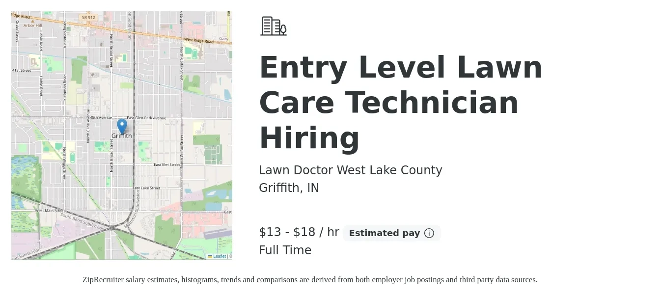 Lawn Doctor West Lake County job posting for a Entry Level Lawn Care Technician Hiring in Griffith, IN with a salary of $14 to $19 Hourly with a map of Griffith location.