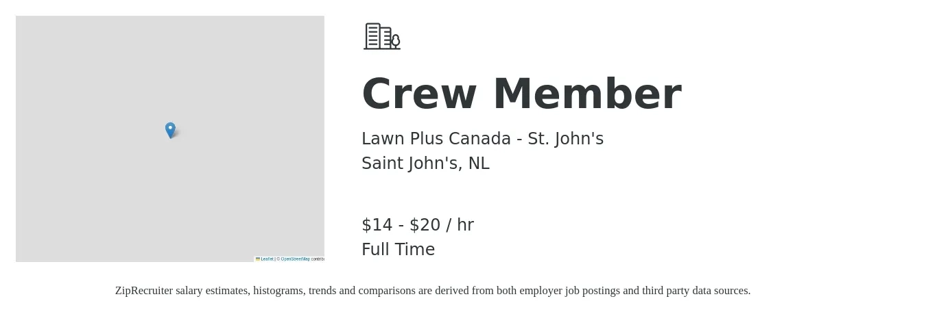 Lawn Plus Canada - St. John's job posting for a Crew Member in Saint John's, NL with a salary of $16 to $21 Hourly with a map of Saint John's location.