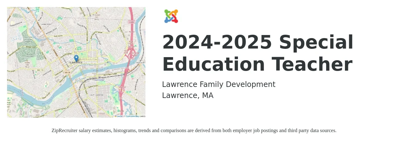 Lawrence Family Development job posting for a 2024-2025 Special Education Teacher in Lawrence, MA with a salary of $52,500 to $69,200 Yearly with a map of Lawrence location.
