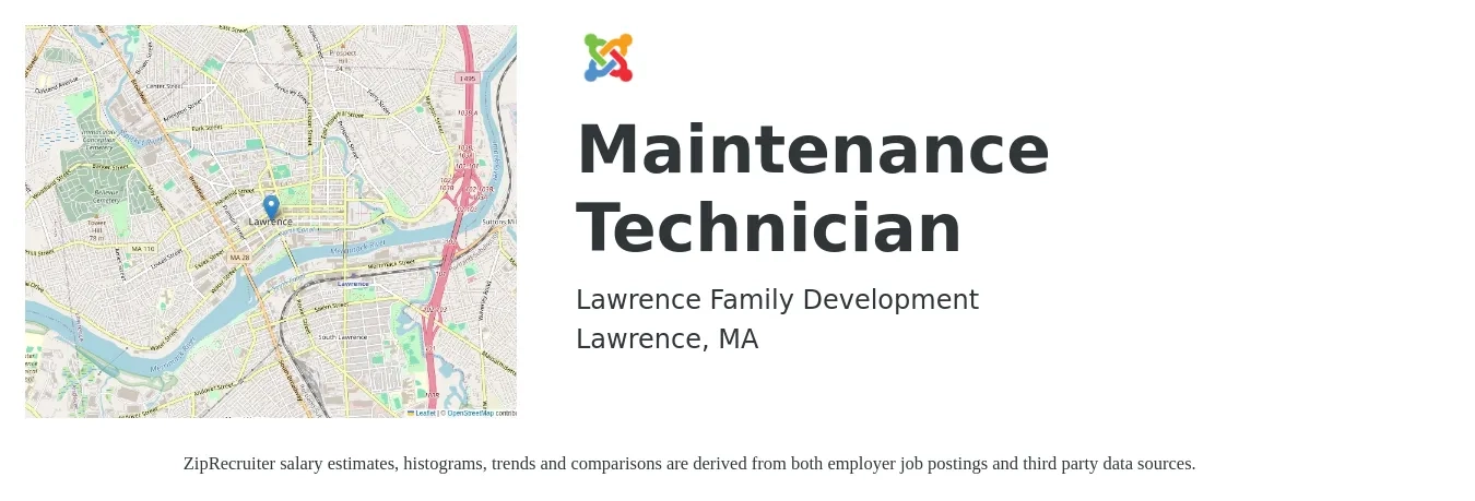 Lawrence Family Development job posting for a Maintenance Technician in Lawrence, MA with a salary of $20 to $28 Hourly with a map of Lawrence location.