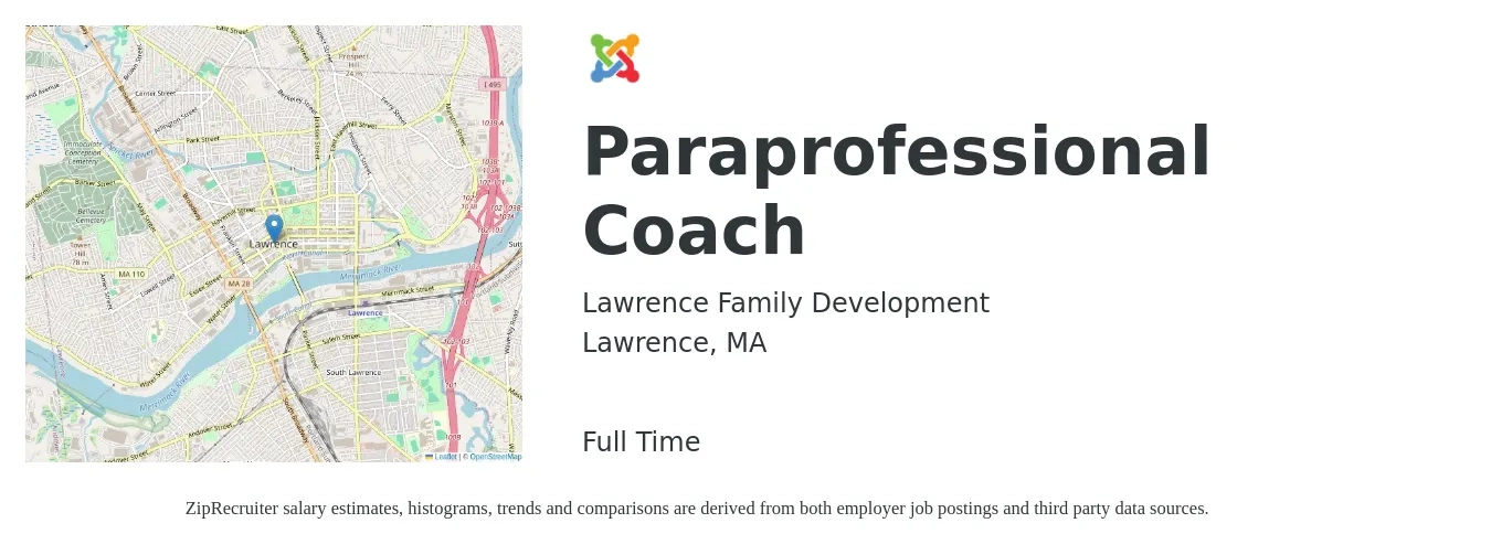 Lawrence Family Development job posting for a Paraprofessional Coach in Lawrence, MA with a salary of $16 to $20 Hourly with a map of Lawrence location.