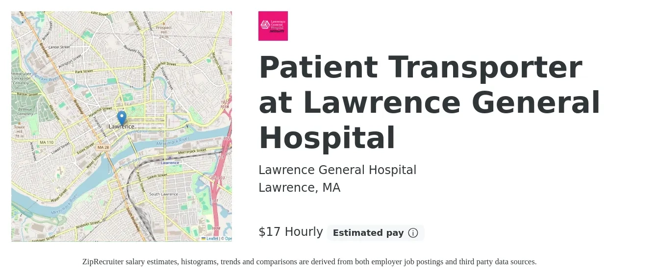 Lawrence General Hospital job posting for a Patient Transporter at Lawrence General Hospital in Lawrence, MA with a salary of $18 to $18 Hourly with a map of Lawrence location.