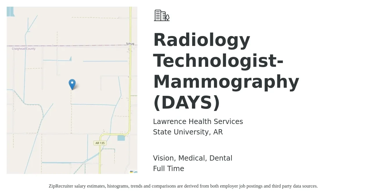 Lawrence Health Services job posting for a Radiology Technologist-Mammography (DAYS) in State University, AR with a salary of $1,200 to $2,480 Weekly and benefits including medical, retirement, vision, dental, and life_insurance with a map of State University location.