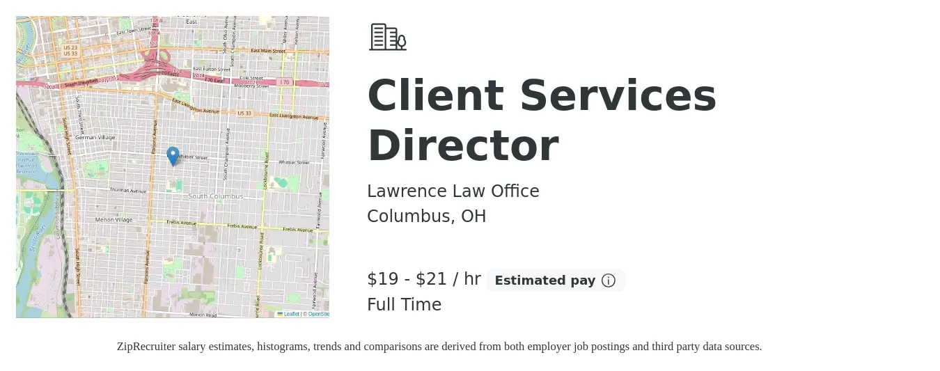 Lawrence Law Office job posting for a Client Services Director in Columbus, OH with a salary of $20 to $22 Hourly with a map of Columbus location.