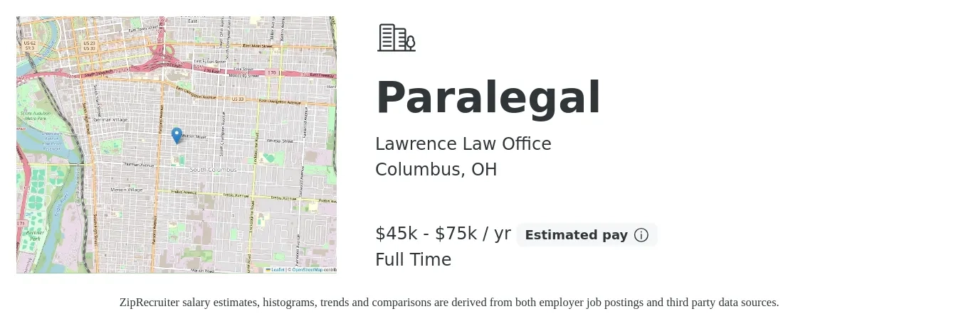 Lawrence Law Office job posting for a Paralegal in Columbus, OH with a salary of $45,000 to $75,000 Yearly with a map of Columbus location.