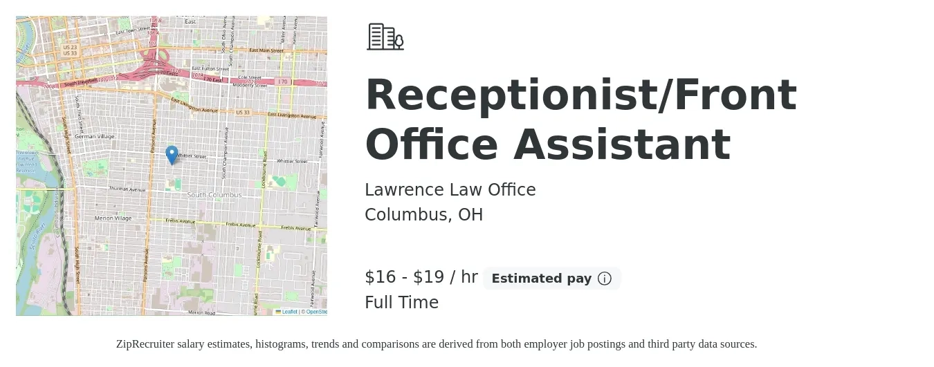 Lawrence Law Office job posting for a Receptionist/Front Office Assistant in Columbus, OH with a salary of $17 to $20 Hourly with a map of Columbus location.