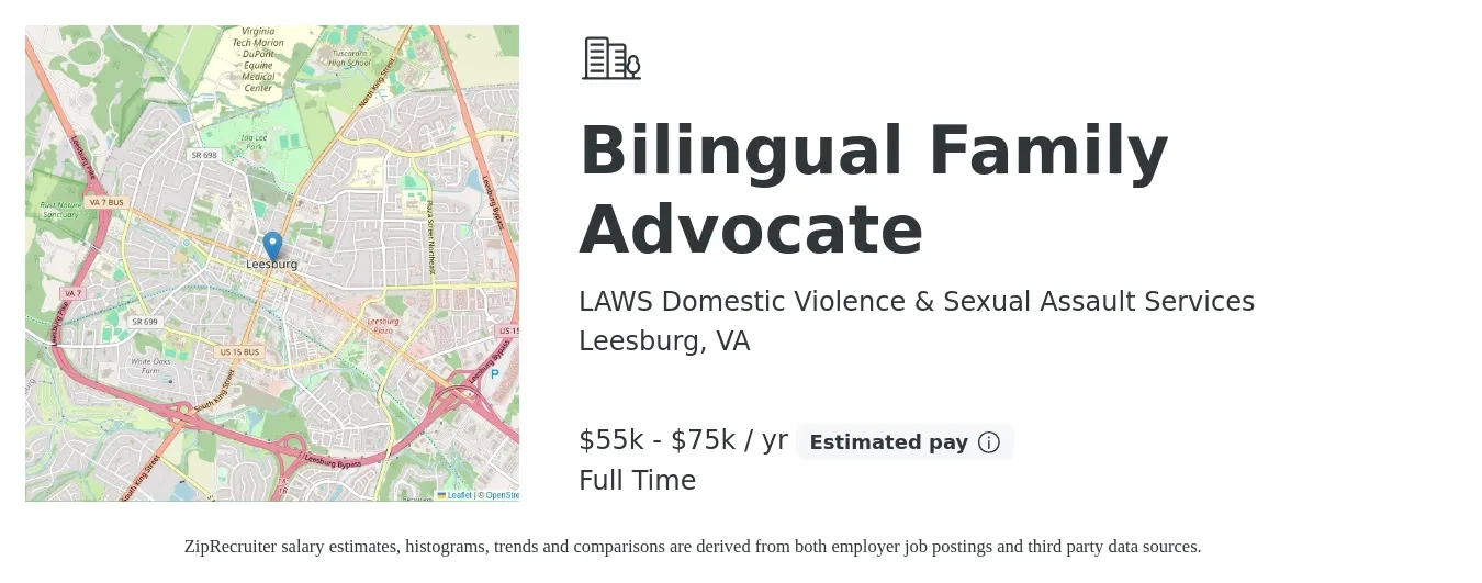 LAWS Domestic Violence & Sexual Assault Services job posting for a Bilingual Family Advocate in Leesburg, VA with a salary of $55,000 to $75,000 Yearly with a map of Leesburg location.