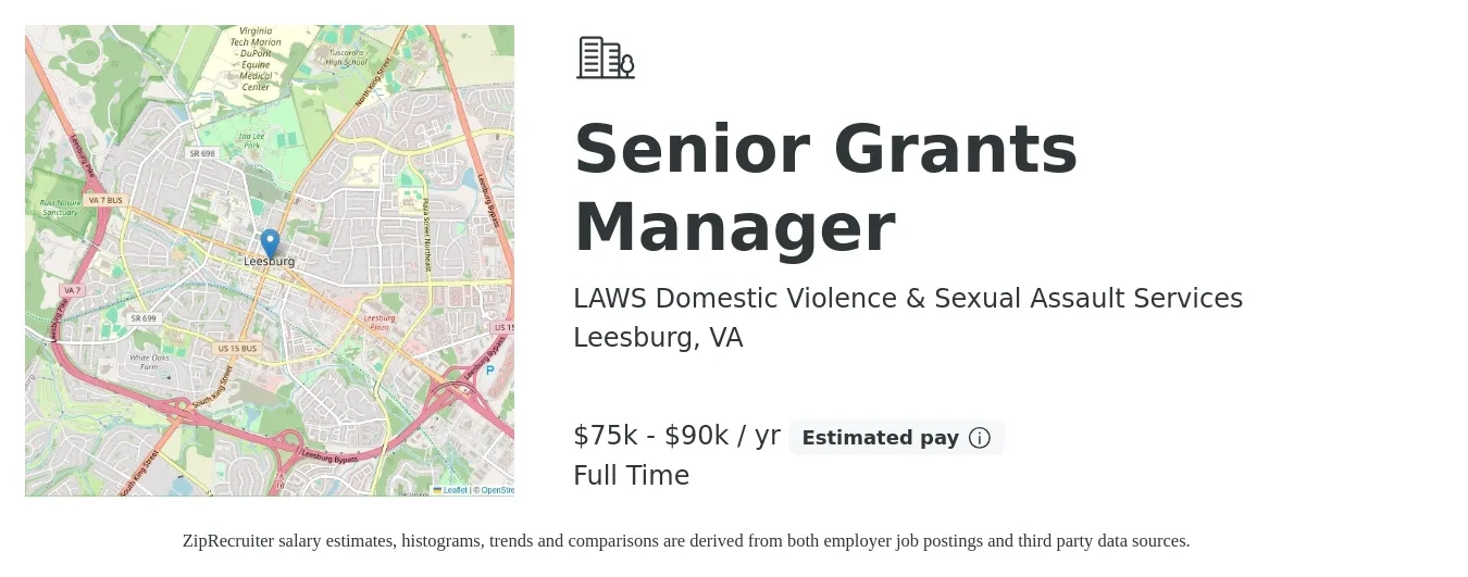 LAWS Domestic Violence & Sexual Assault Services job posting for a Senior Grants Manager in Leesburg, VA with a salary of $75,000 to $90,000 Yearly with a map of Leesburg location.