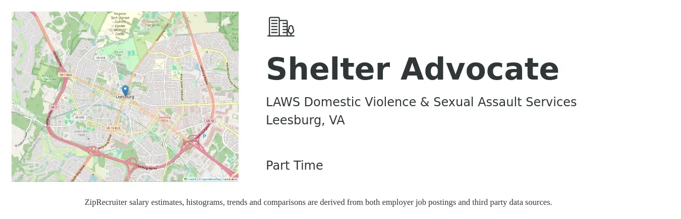 LAWS Domestic Violence & Sexual Assault Services job posting for a Shelter Advocate in Leesburg, VA with a salary of $18 to $22 Hourly with a map of Leesburg location.