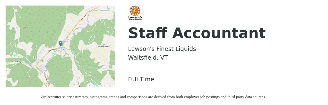 Lawson's Finest Liquids job posting for a Staff Accountant in Waitsfield, VT with a salary of $54,700 to $72,100 Yearly with a map of Waitsfield location.