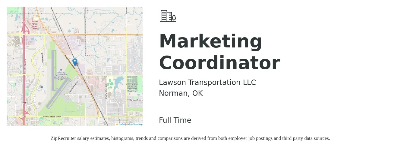 Lawson Transportation LLC job posting for a Marketing Coordinator in Norman, OK with a salary of $37,100 to $51,100 Yearly with a map of Norman location.