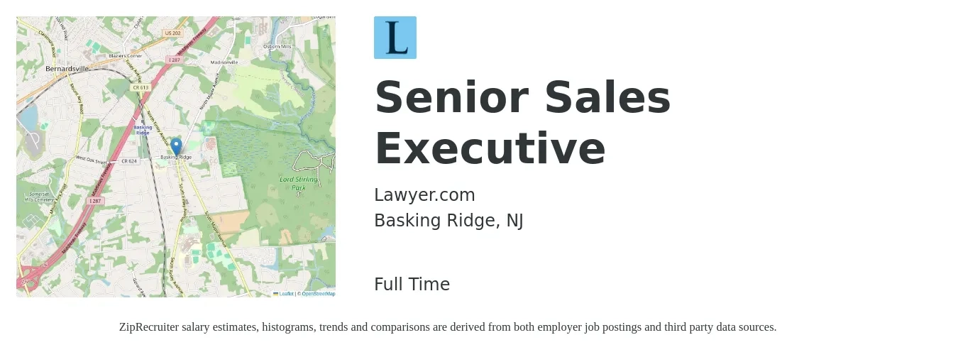 Lawyer.com job posting for a Senior Sales Executive in Basking Ridge, NJ with a salary of $74,700 to $128,800 Yearly with a map of Basking Ridge location.