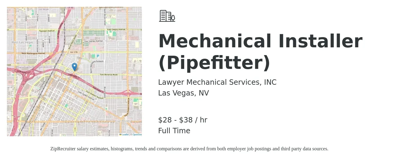 Lawyer Mechanical Services, INC job posting for a Mechanical Installer (Pipefitter) in Las Vegas, NV with a salary of $30 to $40 Hourly with a map of Las Vegas location.