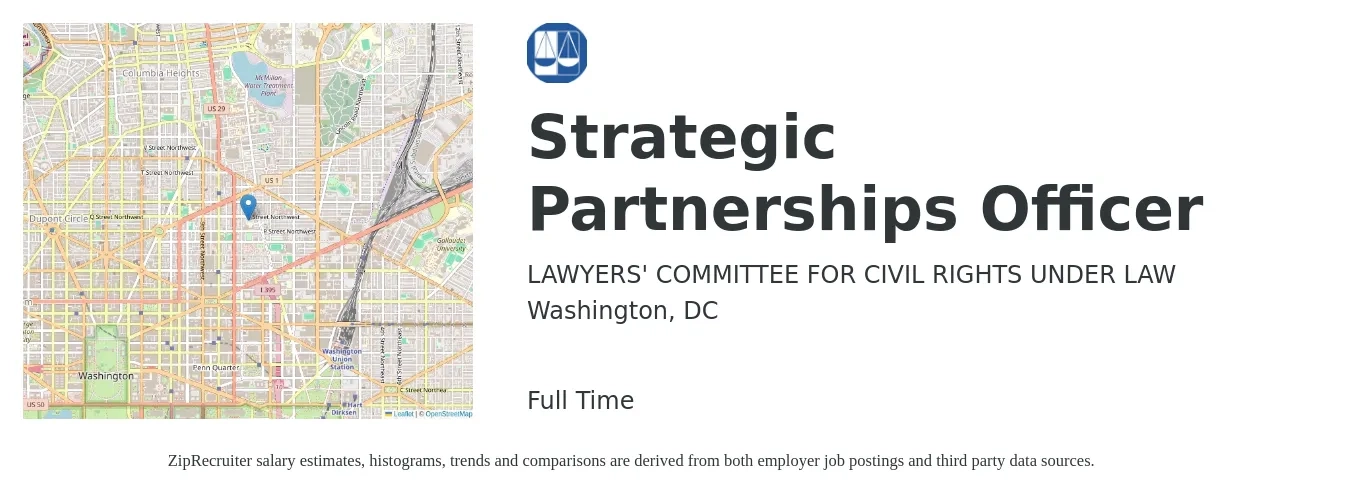 LAWYERS' COMMITTEE FOR CIVIL RIGHTS UNDER LAW job posting for a Strategic Partnerships Officer in Washington, DC with a salary of $104,900 to $168,100 Yearly with a map of Washington location.