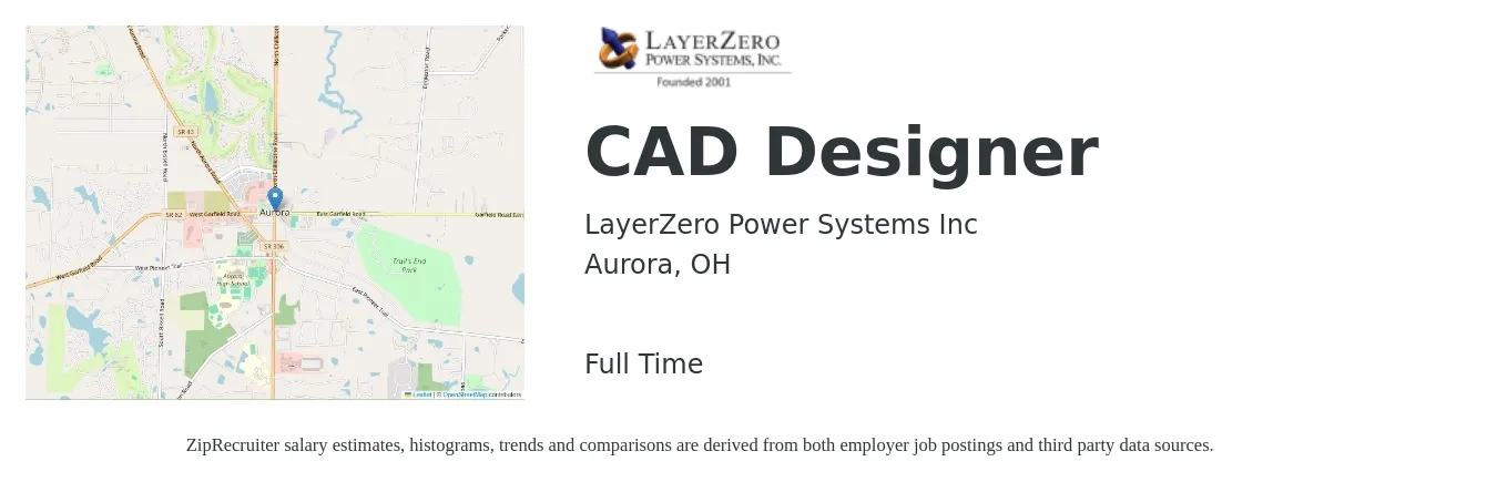 LayerZero Power Systems Inc job posting for a CAD Designer in Aurora, OH with a salary of $25 to $35 Hourly with a map of Aurora location.