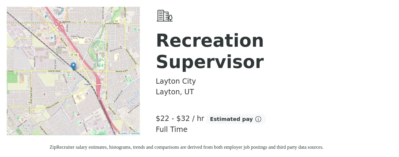Layton City job posting for a Recreation Supervisor in Layton, UT with a salary of $24 to $33 Hourly with a map of Layton location.