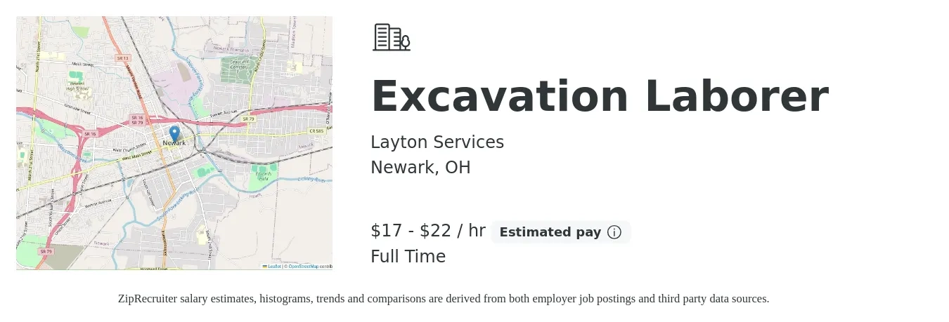 Layton Services job posting for a Excavation Laborer in Newark, OH with a salary of $18 to $23 Hourly with a map of Newark location.