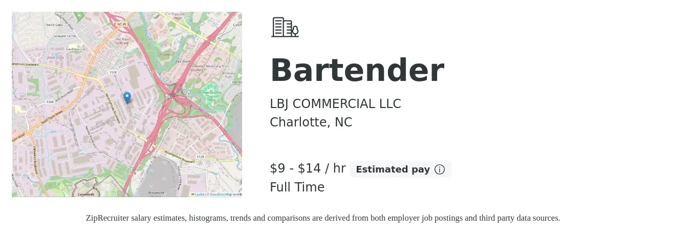 LBJ COMMERCIAL LLC job posting for a Bartender in Charlotte, NC with a salary of $10 to $15 Hourly with a map of Charlotte location.