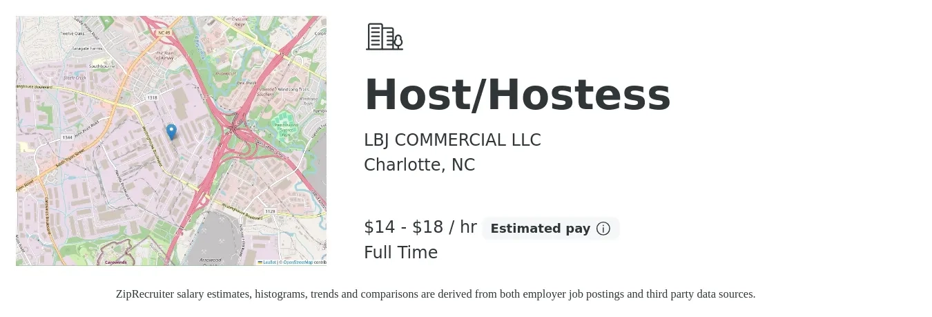 LBJ COMMERCIAL LLC job posting for a Host/Hostess in Charlotte, NC with a salary of $15 to $19 Hourly with a map of Charlotte location.