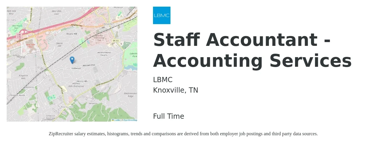 LBMC job posting for a Staff Accountant - Accounting Services in Knoxville, TN with a salary of $52,500 to $69,200 Yearly with a map of Knoxville location.