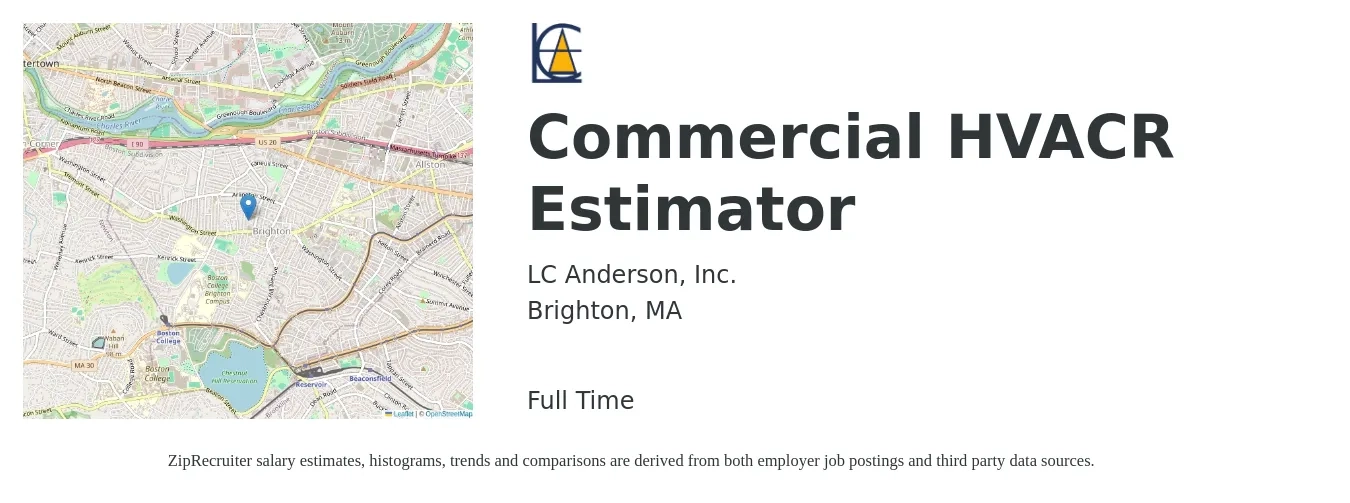 LC Anderson, Inc. job posting for a Commercial HVACR Estimator in Brighton, MA with a salary of $68,700 to $115,000 Yearly with a map of Brighton location.