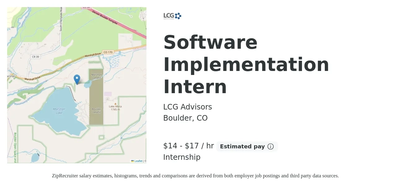 LCG Advisors job posting for a Software Implementation Intern in Boulder, CO with a salary of $15 to $18 Hourly with a map of Boulder location.