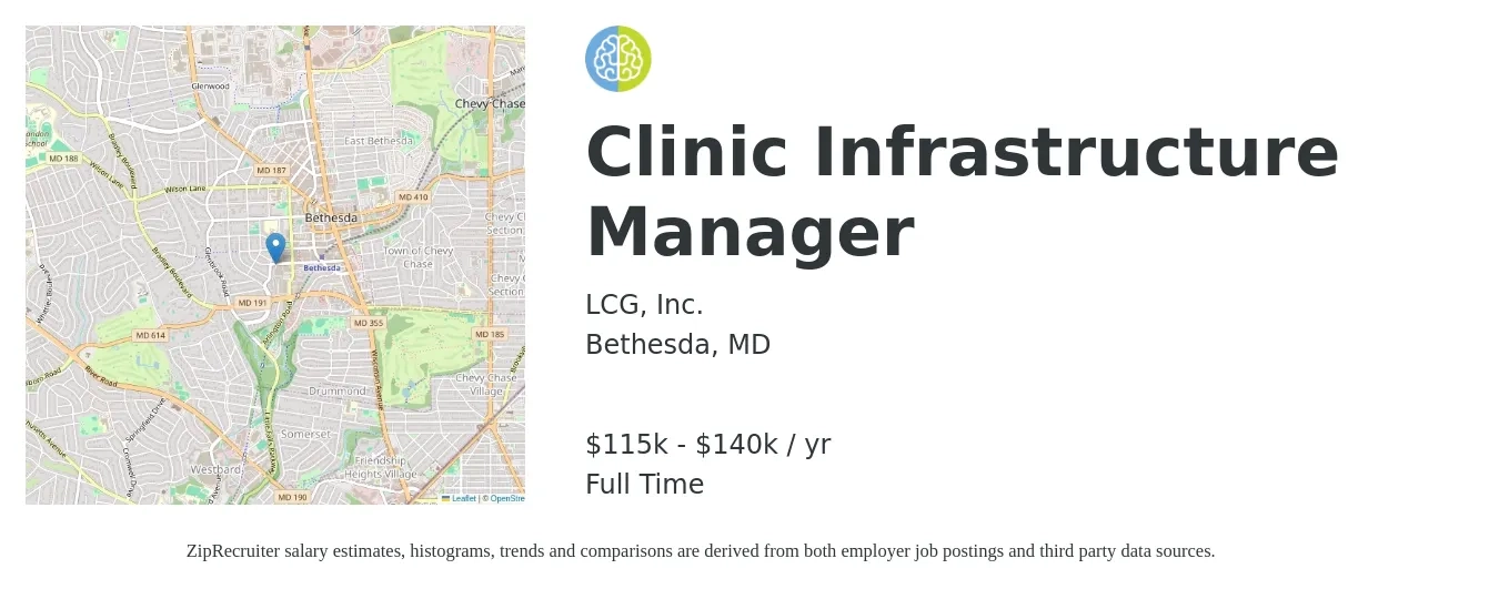 LCG, Inc. job posting for a Clinic Infrastructure Manager in Bethesda, MD with a salary of $115,000 to $140,000 Yearly with a map of Bethesda location.