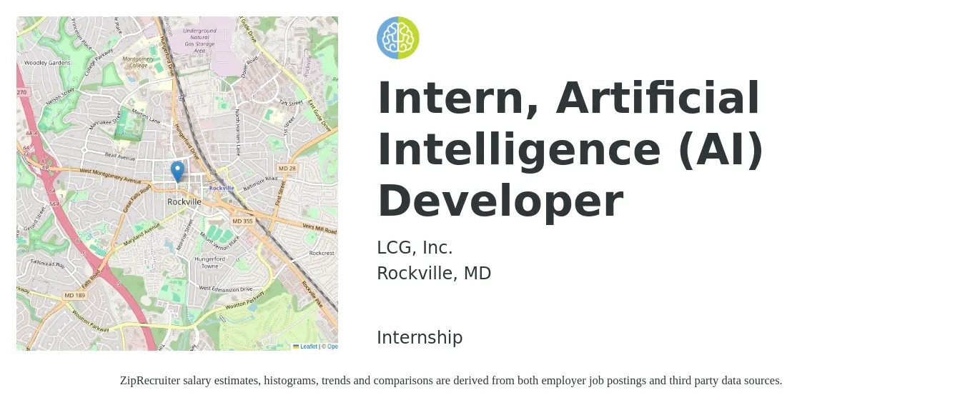 LCG, Inc. job posting for a Intern, Artificial Intelligence (AI) Developer in Rockville, MD with a salary of $20 to $26 Hourly with a map of Rockville location.