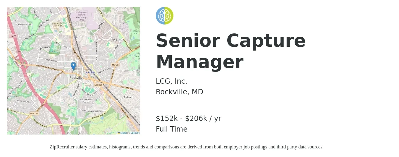 LCG, Inc. job posting for a Senior Capture Manager in Rockville, MD with a salary of $152,000 to $206,000 Yearly with a map of Rockville location.